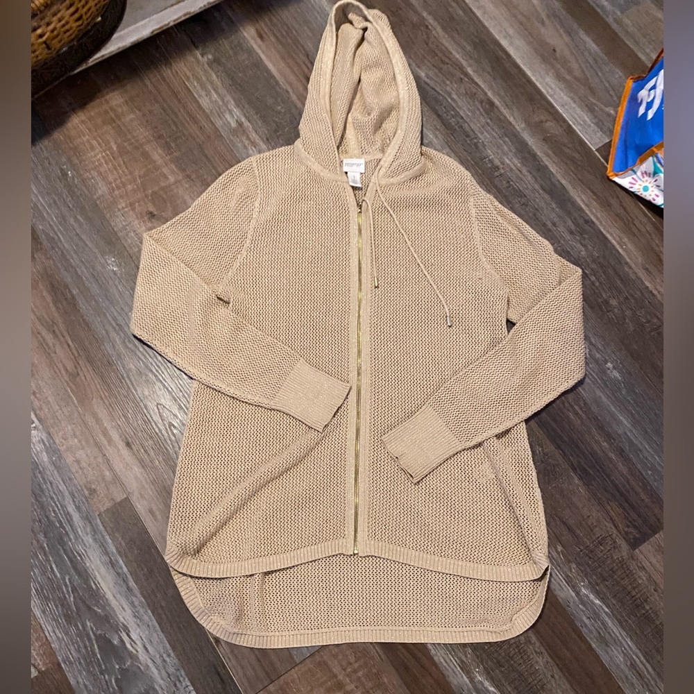 50%offw❤️ CHICO'S 1 Med full zip tan gold flakes CARDIGAN STRETCH 120